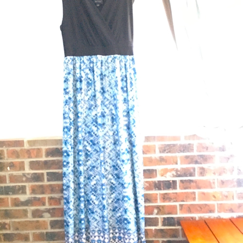 aBStudio maxi dress, mosaic print, black, blue, orange diamond hem border